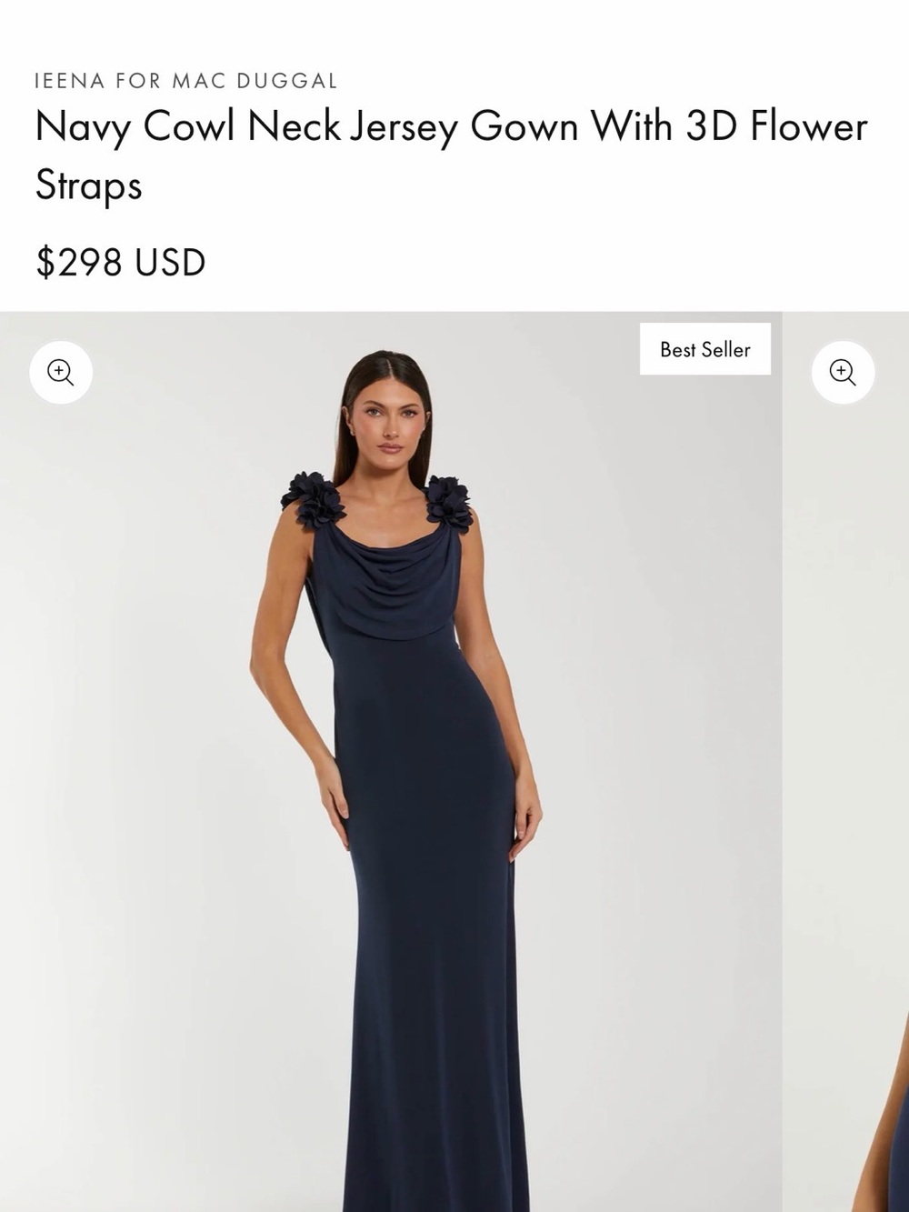 Mac Duggal Navy Jersey Cowl Neck Gown with 3D Flower Straps